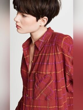 Free People Break My Stride Metallic Plaid Tunic top Oversized